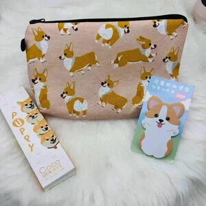 Corgi Print Makeup Pencil Case with Pens and Sticky Note pad